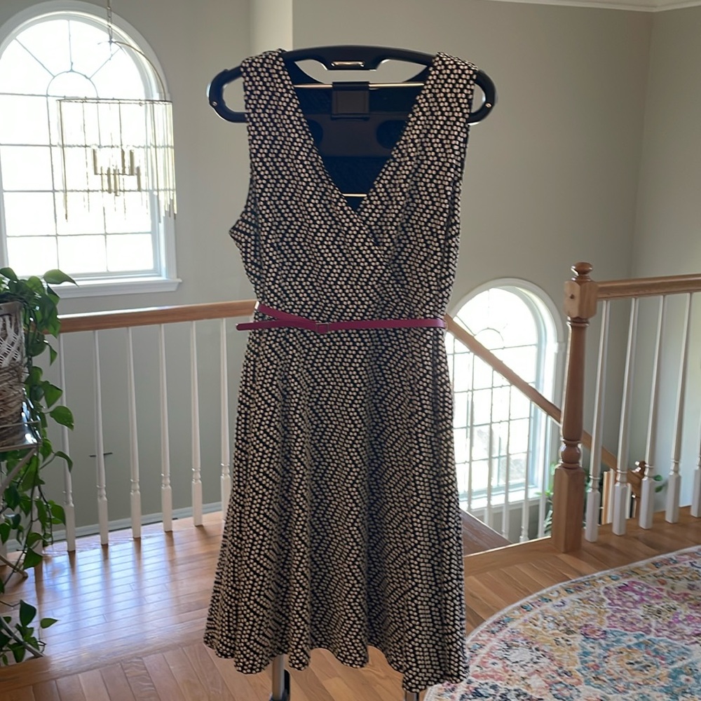Sleeveless dress with faux wrap top, black-and-white, Lane Bryant size 18